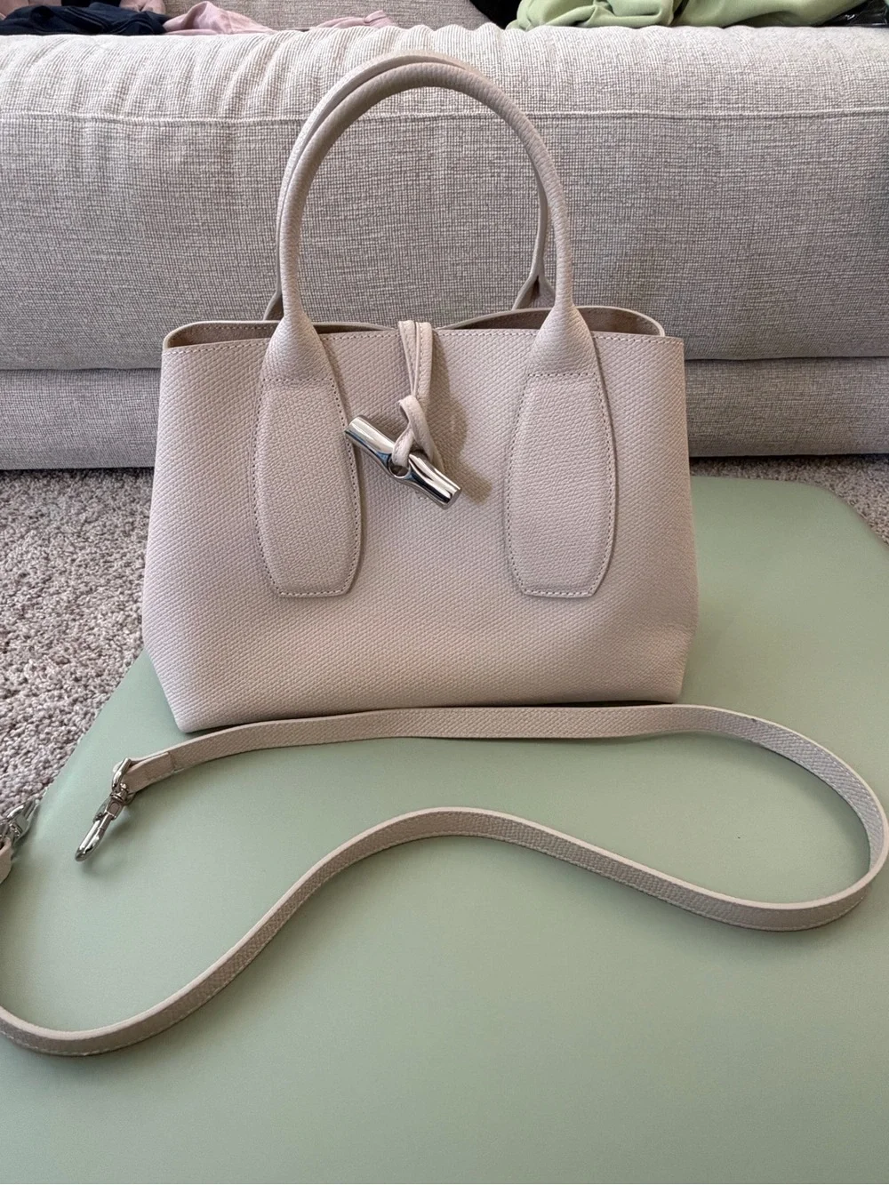 Longchamp Roseau Textured Cream Satchel with Silver Hardware